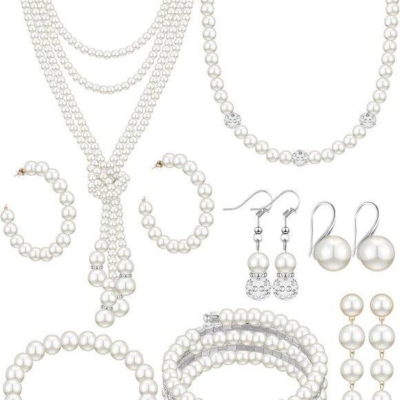 8 Pcs Pearl Necklace and Earrings Set for Women Faux Pearl Bracelets Costume Jew - Picture 1 of 5